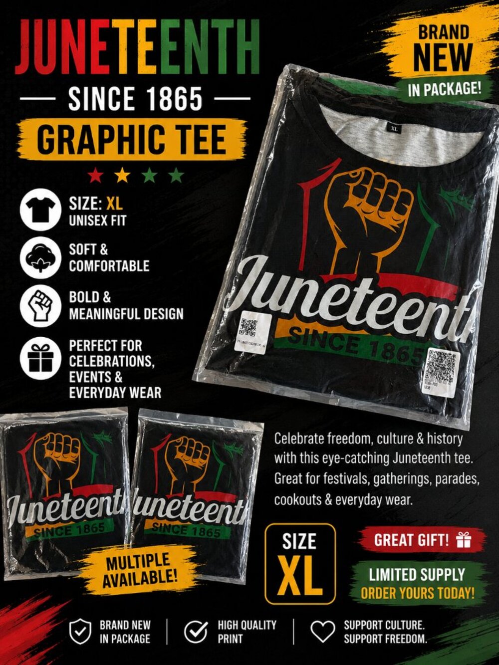 Juneteenth Since 1865 Graphic Tee XL Black Freedom Shirt New NWT